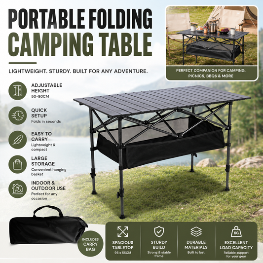 🌄 50% DE RÉDUCTION ! 🏕️ Table de Camping Pliante Portable – Acier Carboné – Plateau Enroulable & Montage Rapide for Plein Air