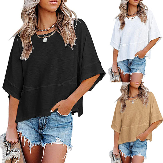 🌸 PROMO LIMITÉE 50% DE RÉDUCTION ! 👕 T-shirt à Manches Évasées Cinq Points – Coupe Détendue, Patchwork, Uni 🍂