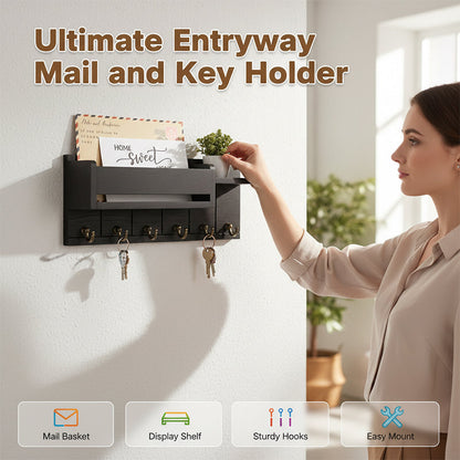 📬 50% DE RÉDUCTION! 🏠 Porte-Courrier & Clés Mural avec Étagère – Bois, 30×12×7,8 cm – Noir/Naturel – Idéal pour organiser entrée, courrier et clés ✨