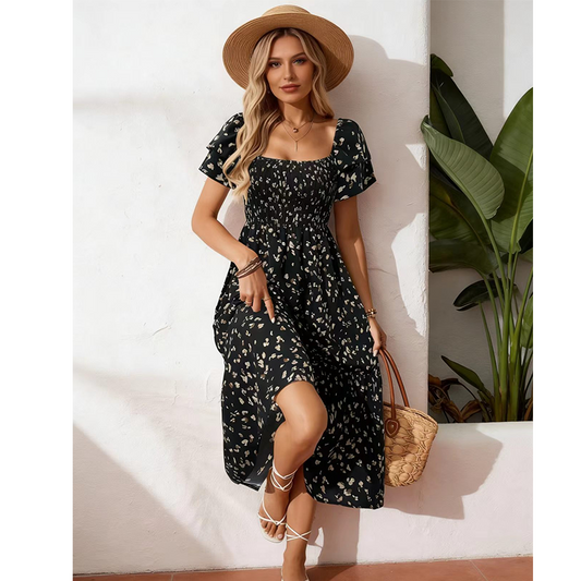 Robe midi à fleurs smockée à encolure carrée pour femme
