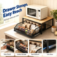 📢📢50% DE RÉDUCTION⏰ Support Micro-Ondes 2 niveaux avec tiroir coulissant – Gain de place, étagère surélevée & panier intégré – Idéal pour cuisine, café & dortoir ✨