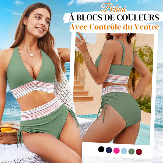 🔥Achetez 2 livraison gratuite💃Bikini Deux Pièces Taille Haute Gainant Color Block